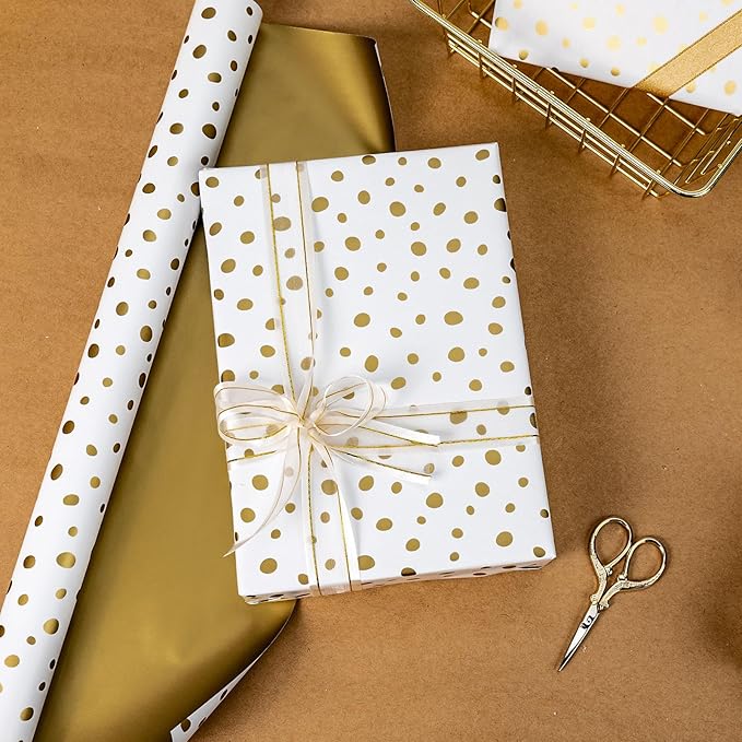 Burymento Golden Lrregular Wave Point Wrapping Paper, Reversible Gold Gift Wrap - Image 4