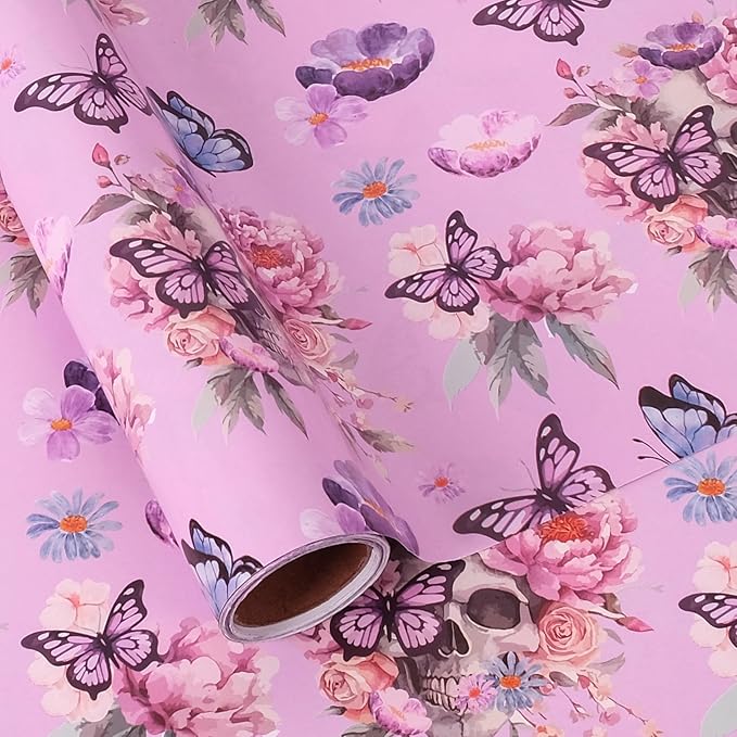 Aimyoo Gothic Wrapping Paper Roll, 17 Inch X 16.5 Feet Skull Floral Butterfly by Aimyoo