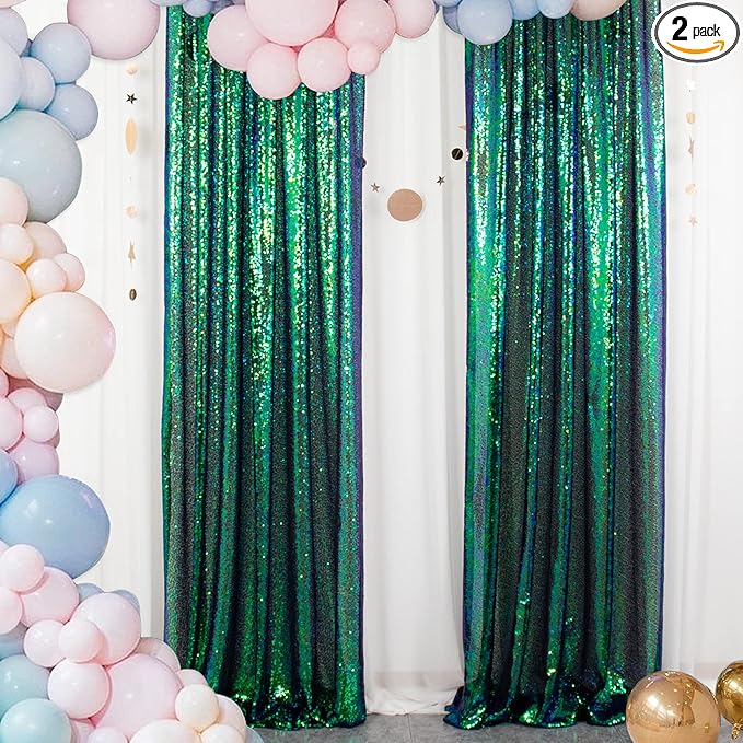 ShinyBeauty Sequin Curtains 2 Panels 2FTx8FT Iridescent Green Photo Booth by ShinyBeauty