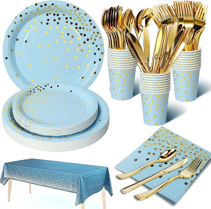 141 Pieces Light Blue and Gold Party Supplies, Party Dinnerware Sets Include by Nkaiso