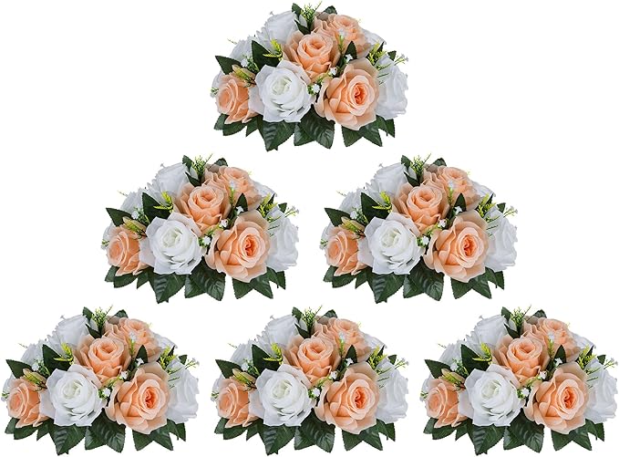 BLOSMON Rose Flower Balls Centerpieces: 6pcs 9.5 Inch Peach Fuzz Fake Flowers by Blosmon