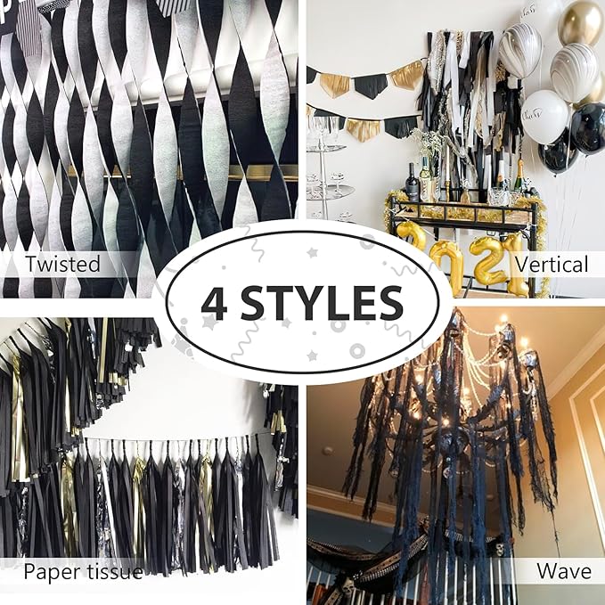 PartyWoo Black Crepe Paper Streamers 4 Rolls 328 ft Pack of Black Crepe Paper - Image 6