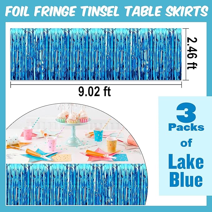 3 Pack Lake Blue Foil Fringe Table Skirts Metallic Tinsel Streamers Garland - Image 3
