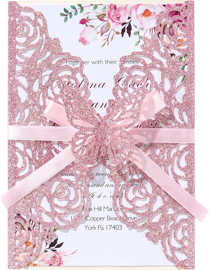 50PCS Pink Wedding Invitations Butterfly Laser Cut Invitation by Maffily