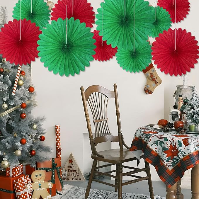 20 Pcs Red Green Hanging Paper Fan, Round Paper Fans Decorations Set - Image 5