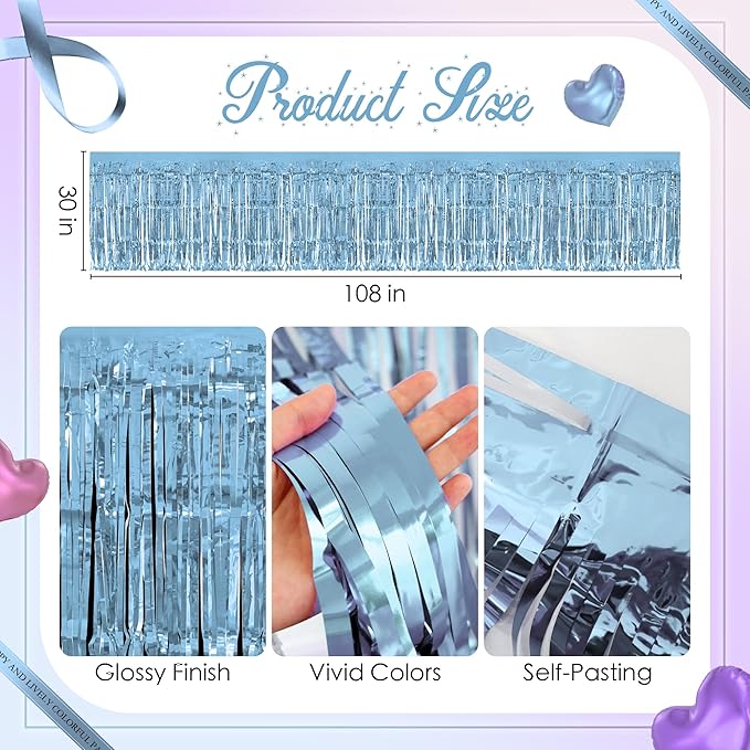3 Pack Light Pink & Blue & Purple Table Skirts, 29x108" Metallic Foil Tinsel - Image 3