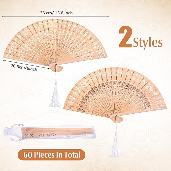 Qunclay 60Pcs Wooden Hand Fans Folding Wedding Fans - Image 2