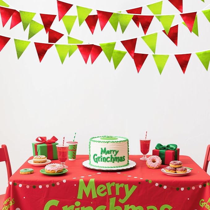 Red and Green Metallic Fabric Triangle Pennant Banner Flag Bunting Garland - Image 6
