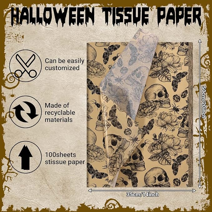 100 Sheets 20 * 14 Inches Vintage Halloween Tissue Paper Kraft Gothic Floral - Image 2