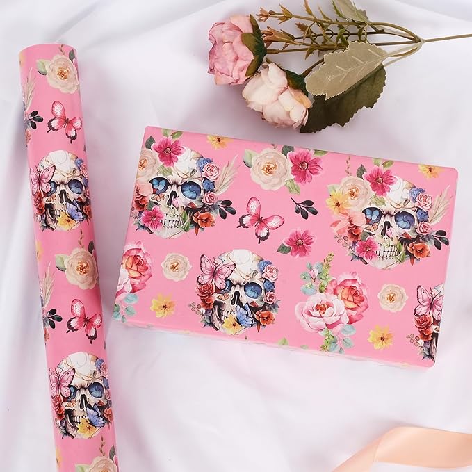 Aimyoo Gothic Wrapping Paper Roll, 17 Inch X 33 Feet Skull Floral Butterfly - Image 7