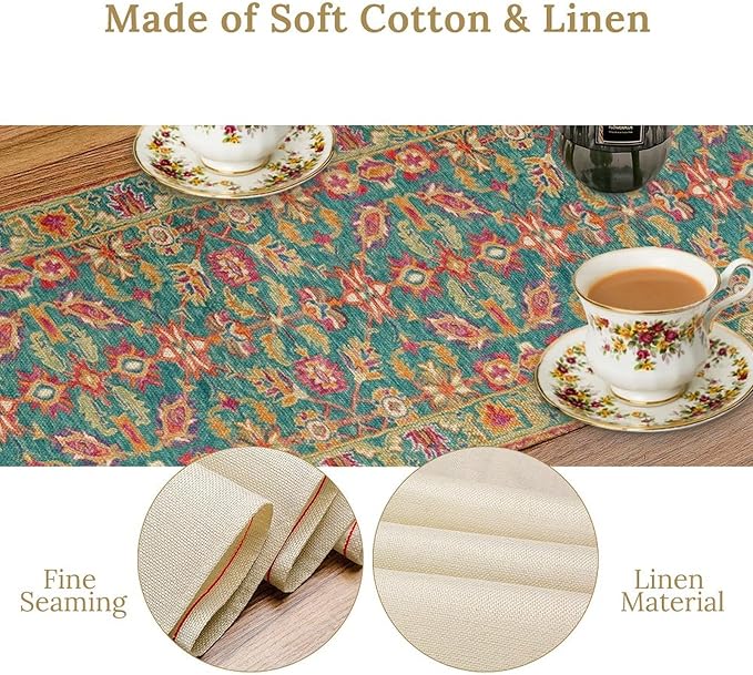 Vintage Boho Floral Table Runner, Rustic Country Farmhouse Teal Red Purple - Image 6
