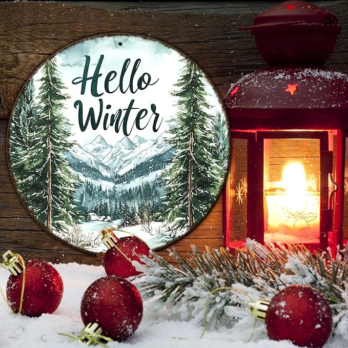 Round Christmas Metal Tin Sign Hello Winter Sign Christmas Pine Trees Welcome - Image 5