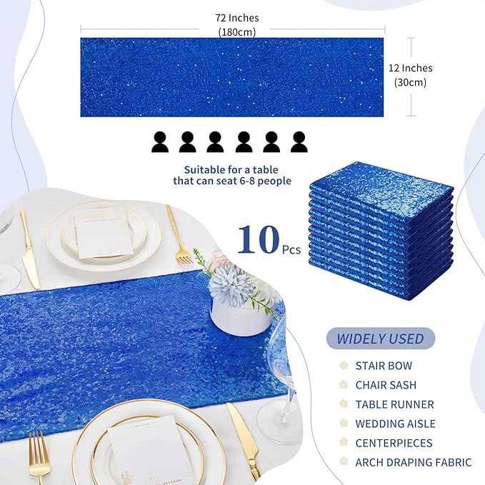 Royal Blue Sequin Table Runners 10 Pcs 12x72 Glitter Sparkly Table Runner - Image 3