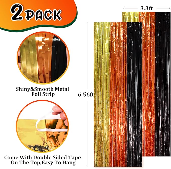 2 Pack Black Gold Orange Foil Fringe Backdrop Curtains, Tinsel Streamers Party - Image 2