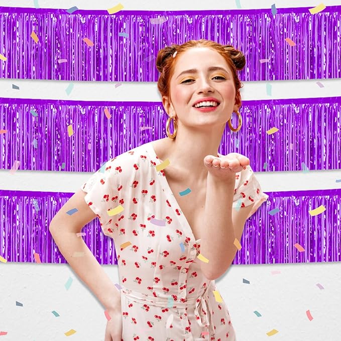 3 Pack 10 Feet Purple Foil Fringe Garland Metallic Tinsel Streamers Banner Wall - Image 3