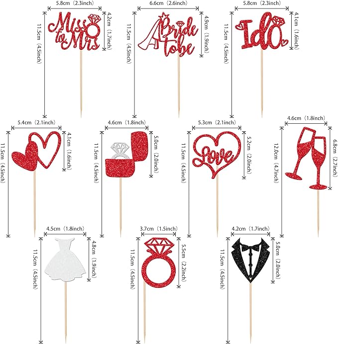 30 PCS Bride to Be Cupcake Toppers Glitter Miss to Mrs I Do Love Heart Ring - Image 2