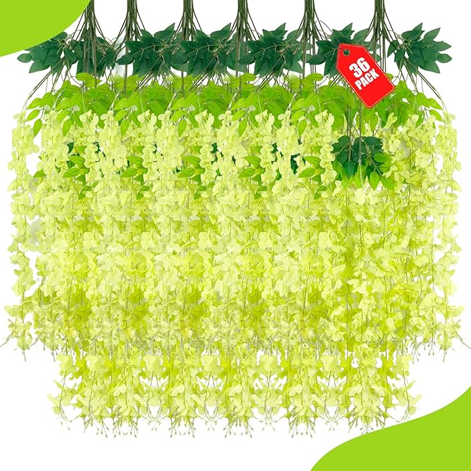 36 Pack Green Wisteria Hanging Flowers, 3.44 Ft Fake Hanging Flowers, by ZEBMOON