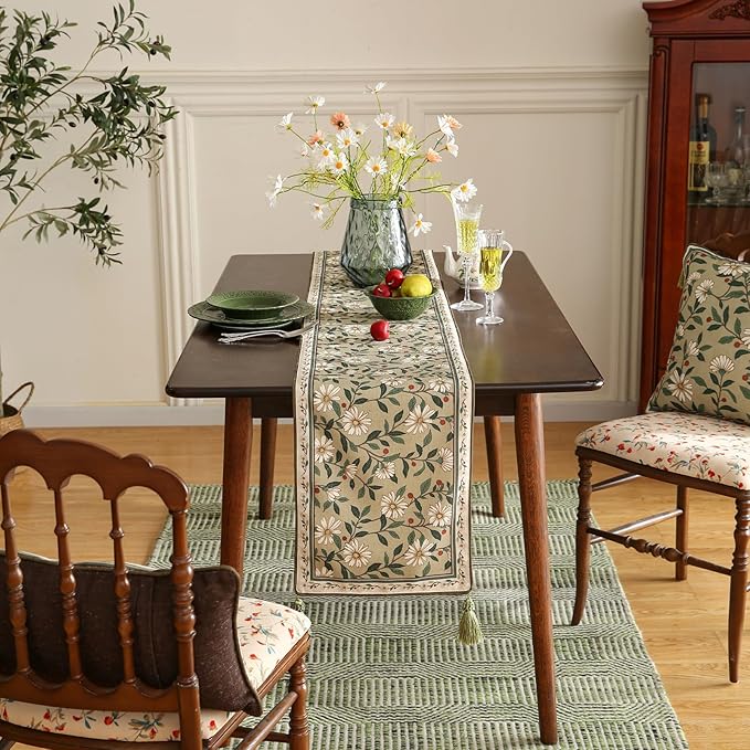ISAENNE Designer Green Elegant Linen Extra Long Table Runner 118 Inches - Image 8