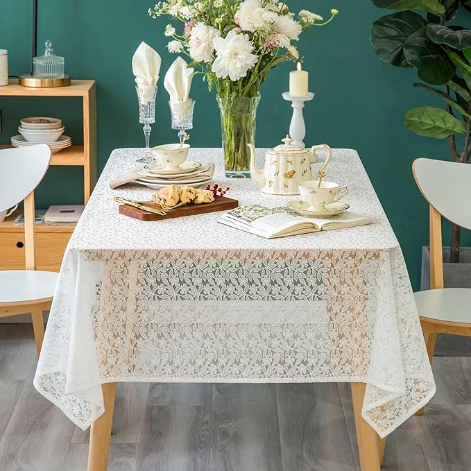 Lace Tablecloth Leaf Pattern Warp Knitting Fabric Solid White Rectangle/Oblong by GLORYSEASON