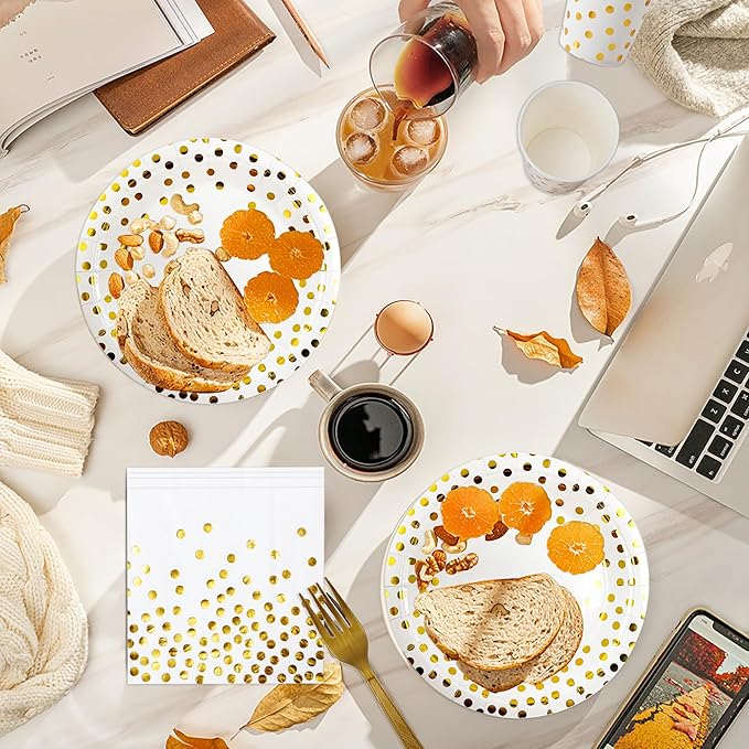 160 Pcs White and Gold Paper Plates, Forks and Cups Party Supplies, Disposable - Image 5