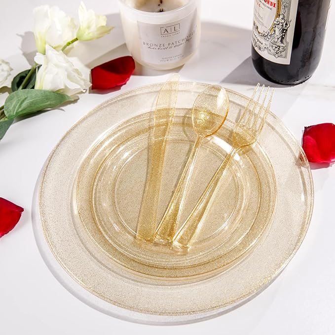 Supernal 300pcs Gold Glitter Plastic Cutlery Disposable Utensils Gold Plastic - Image 4