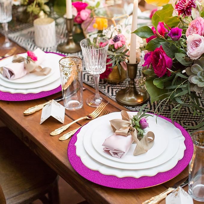 50 Pieces Hot Pink Glitter Paper Place Mats Sparkle 14'' Round Disposable Table - Image 3
