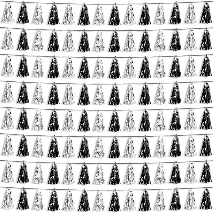 8P Black Silver Foil Fringe Metallic Tassel Streamers Banner Tassel Garland by HYSILLA