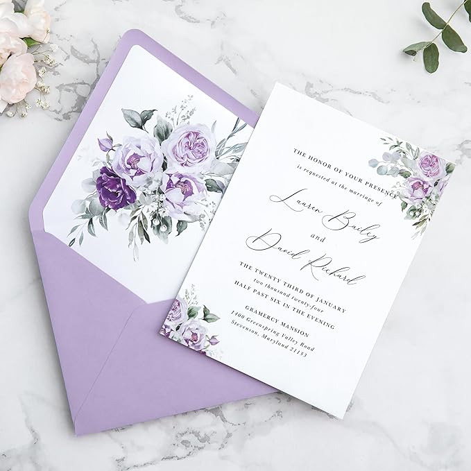 PONATIA 50PCS A7 Euro Flap Envelopes, 5.25 x 7.25'' Lilac Flowers Liner - Image 4