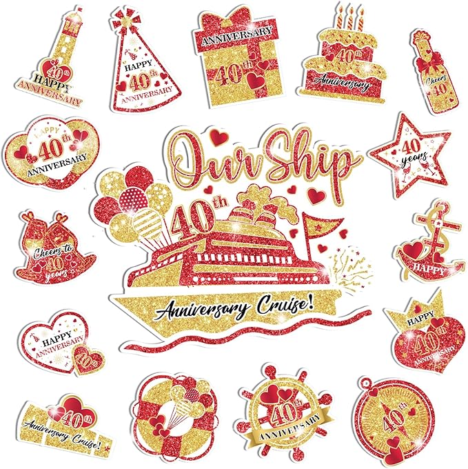 40th Anniversary Cruise Door Magnets Decorations Red Gold Happy 40th by Wayyogh