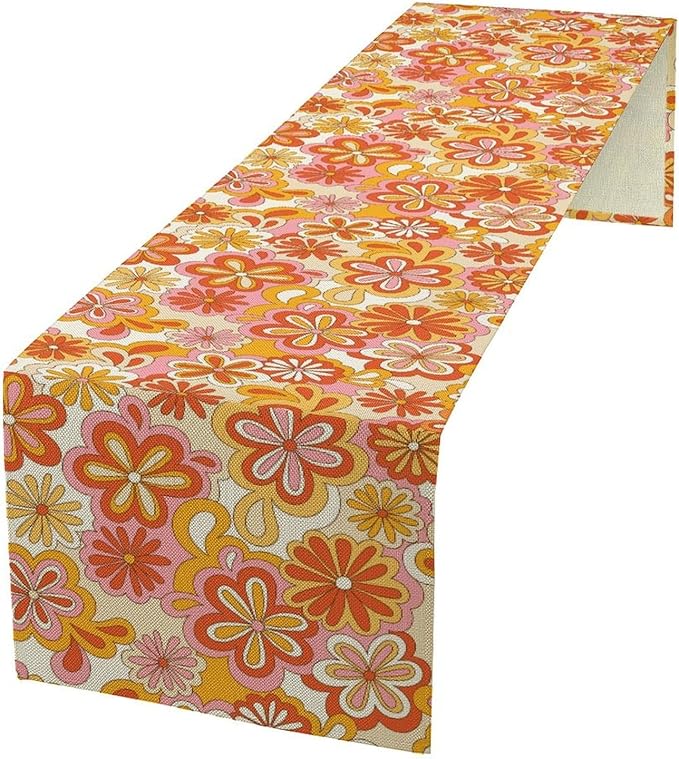 Vintage Floral Table Runner, 70s Style Retro Daisies Flower Hippie Table Runner by Unknown