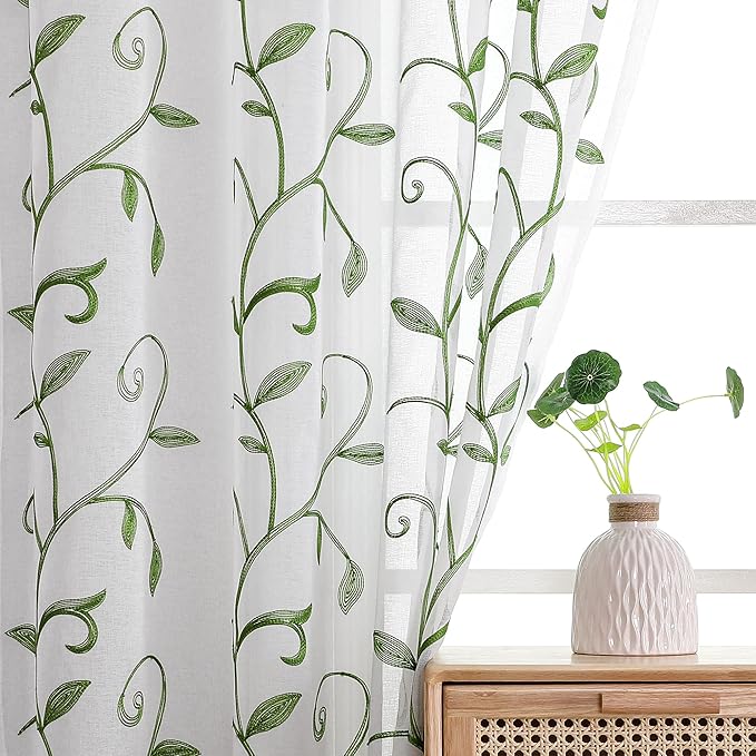VISIONTEX White Sheer Voile Curtains, Decorative Leaves Embroidery Faux Linen - Image 2