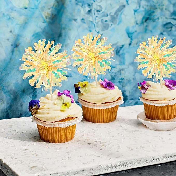Ephlyn 30Pcs Foil Firework Cupcake Toppers Sparkle Tinsel Drink Birthday Cake - Image 4