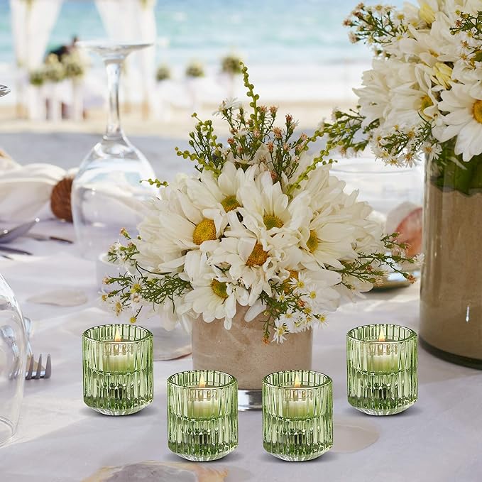 Serene Spaces Living Set of 4 Green Ribbed Glass Votive Holders, Measures 2.25" - Image 5