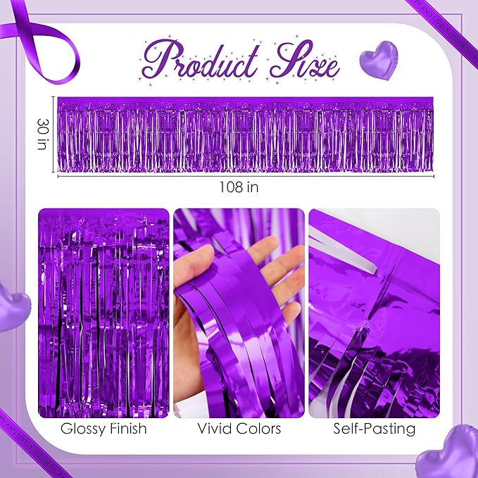2 Pack Light Purple Dark Purple Table Skirts, 29x108" Metallic Foil Tinsel - Image 3