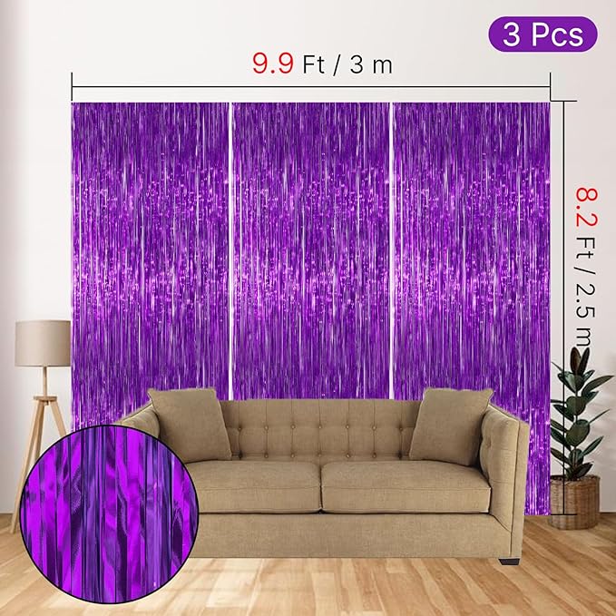 PartyWoo Purple Streamers Foil Fringe Curtain 3pcs 8.2ft Metallic Tinsel - Image 4