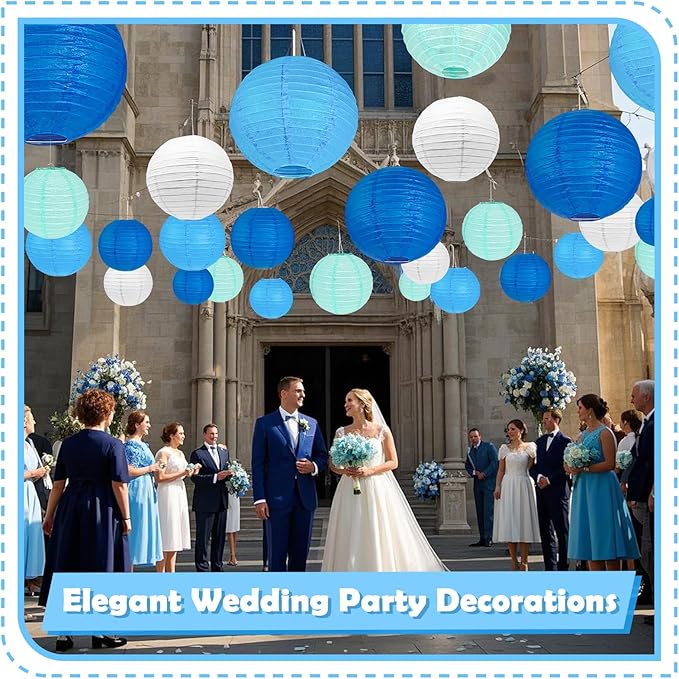 12Pcs Blue and White Paper Lanterns Assorted Sizes - Image 5