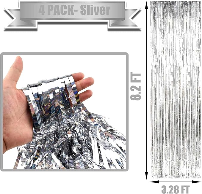 4 Pack Silver Foil Fringe Curtain Backdrop, 3.28Ft x 8.2Ft Metallic Tinsel Foil - Image 2
