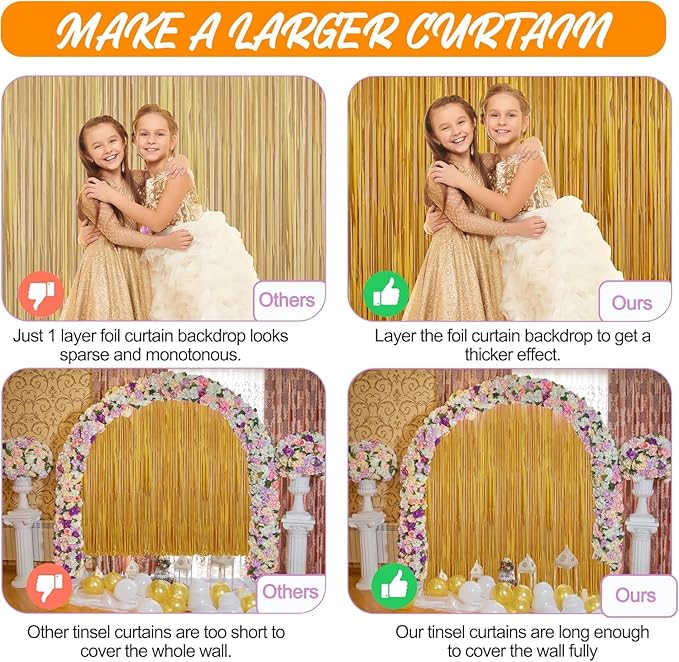 Crosize 8 Pack 3.3 x 9.9 ft Gold Foil Fringe Curtains Party Decorations - Image 5