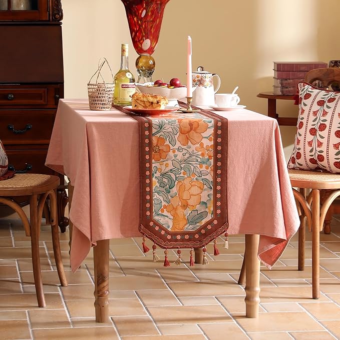Designer Vintage Orange Floral Small Table Runner, French Farmhouse Soft Linen - Image 9