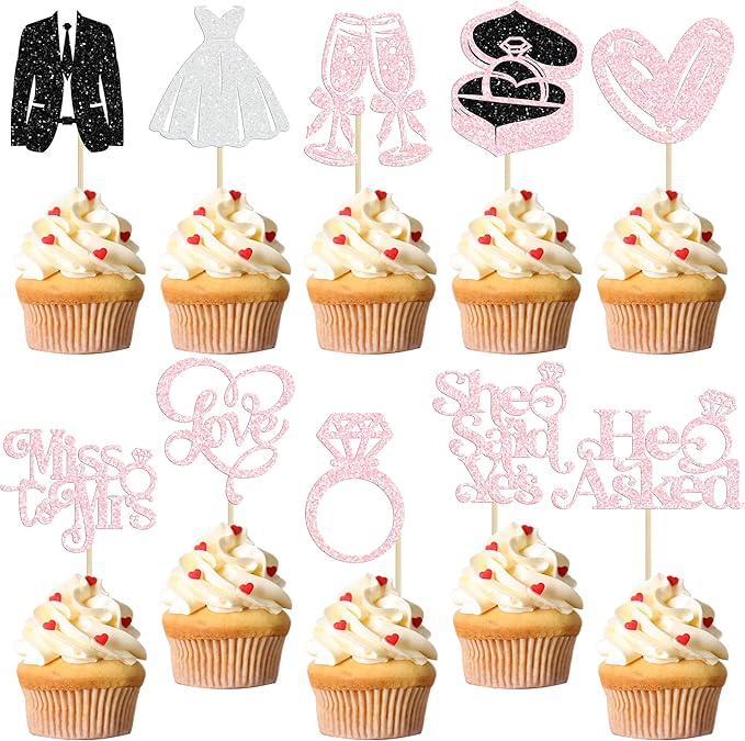 Gyufise 30Pcs She Said Yes Cupcake Toppers Glitter Diamond Ring I Do Love by Gyufise