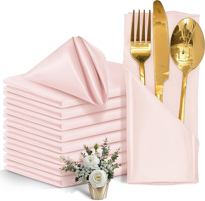50 Pieces Light Pink Satin Napkins, Silky Soft Smooth Washable Napkins by Eychei