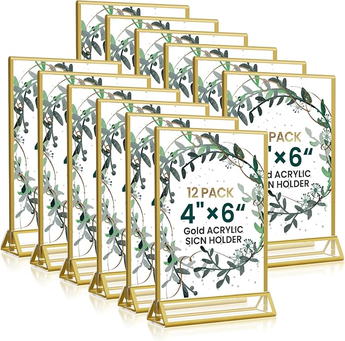 Acrylic Gold Sign Holders 4x6, 12 Pack Wedding Gold Table Number Holders by HRSDEIE