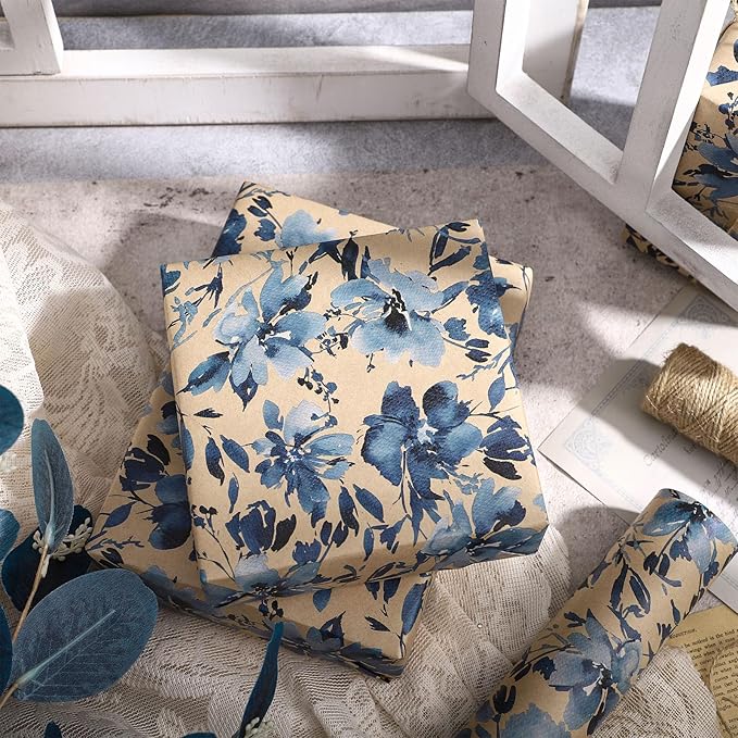 RUSPEPA Blue Floral Wrapping Paper Roll, 17 in x 16.4 ft, Mini Roll, Indigo - Image 3