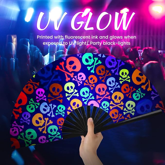 SYNTECSO Folding Hand Fan for Rave, UV Glow Fan, Large Bamboo Fan for Drag Queen - Image 7