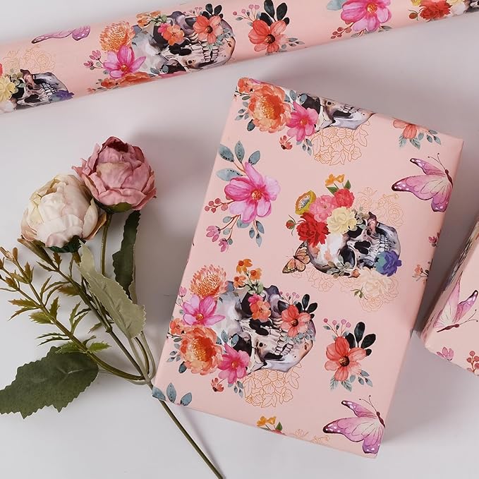 Aimyoo Gothic Wrapping Paper Roll, 17 Inch X 33 Feet Skull Floral Butterfly - Image 6