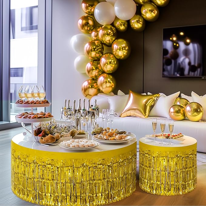 2 Pack Gold Table Skirts, 29x108" Metallic Foil Tinsel Fringe Table Skirts - Image 9
