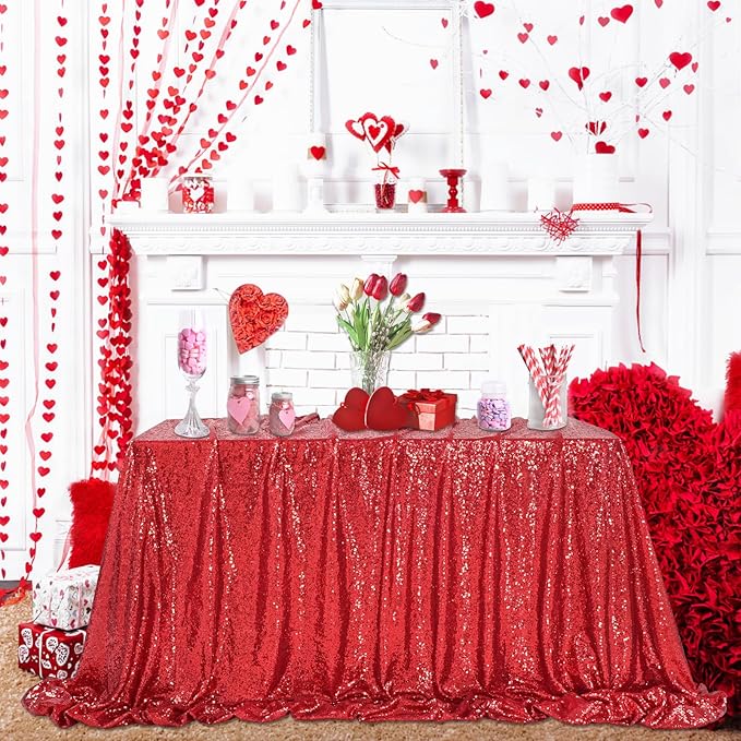QueenDream Sequin Tablecloth 60x102 Inch Red Tablecloth Glitter Table Cloth - Image 4