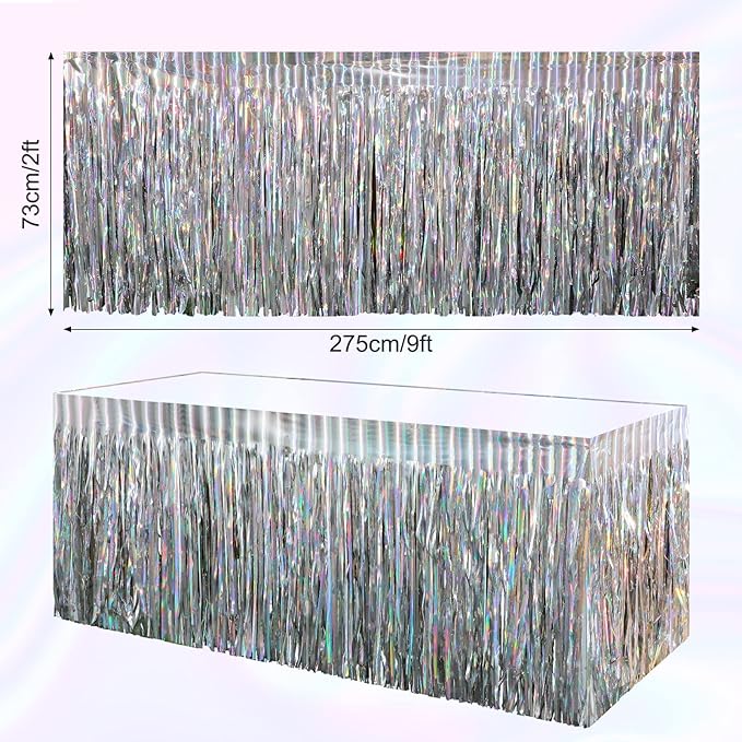 4 Pack Iridescent Table Skirt, Metallic Foil Fringe Tinsel Table Skirts - Image 2