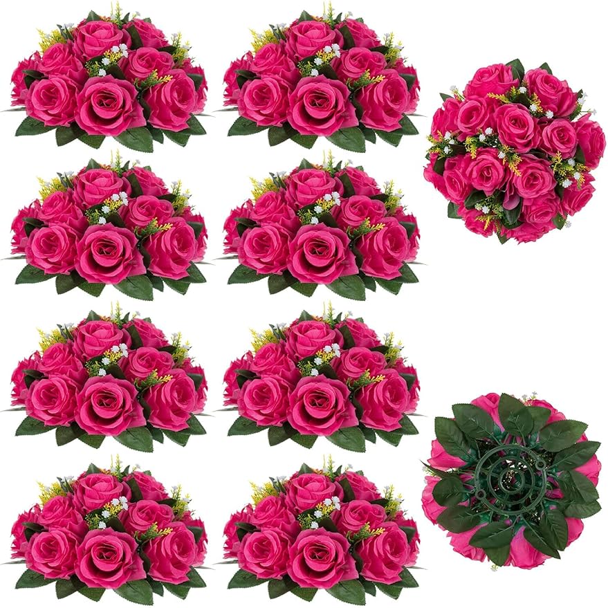 BLOSMON Hot Pink Flowers for Wedding: 10 Pcs Artificial Rose Balls for Table by Blosmon