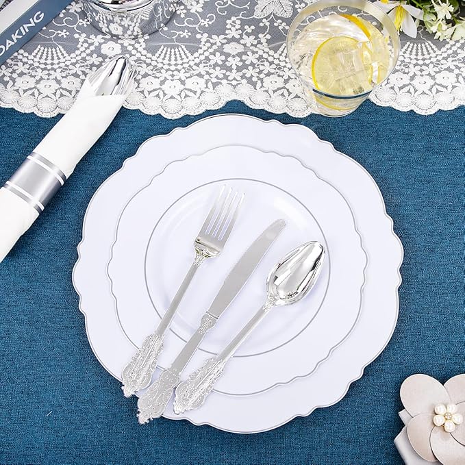 Liacere 350PCS Silver Plastic Plates-Disposable White and Silver Plates 50guest - Image 9